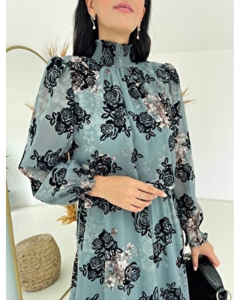 Φόρεμα Από Σιφόν Με Επένδυση Floral Velvet Print -Πετρόλ- 3263