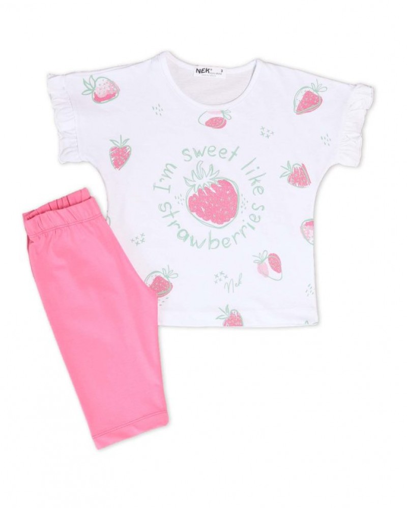 Παιδικό, Σετ 2 τεμαχίων με Glitter,“sweet Strawderries”,Μπλούζα με Ποδηλατικό Κολάν-Λευκό- 32722