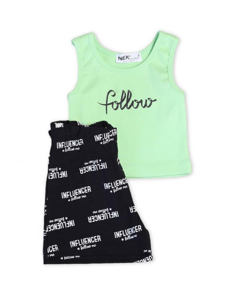 Παιδικό Αμάνικο Σετ, Ριπ Crop Top Μπλουζάκι Follow και Shorts -Βεραμάν- 33522