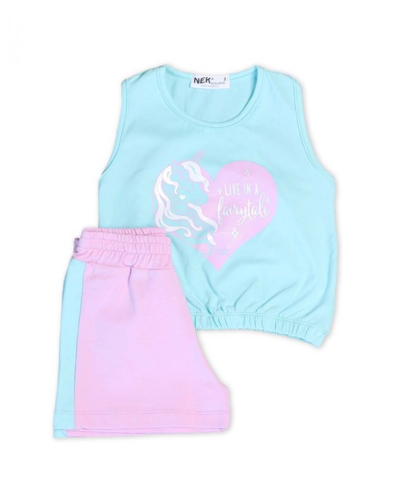 Παιδικό Μακό Σετ, Αμάνικο Τοπ “Unicorn” με shorts για Κορίτσι -Άκουα- 33922