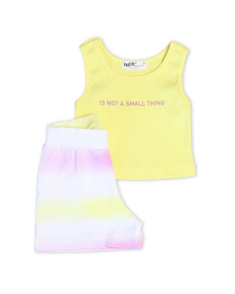Παιδικό Αμάνικο Σετ, Ριπ Crop Top Μπλουζάκι και Shorts -Κίτρινο- 34122