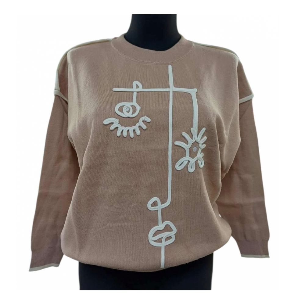 Mπλούζα Πλεκτή Πουλόβερ με Κέντημα -Μπεζ- 