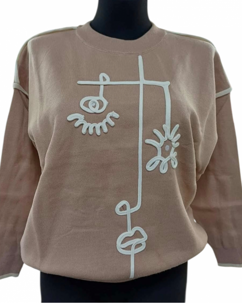 Mπλούζα Πλεκτή Πουλόβερ με Κέντημα -Μπεζ- 