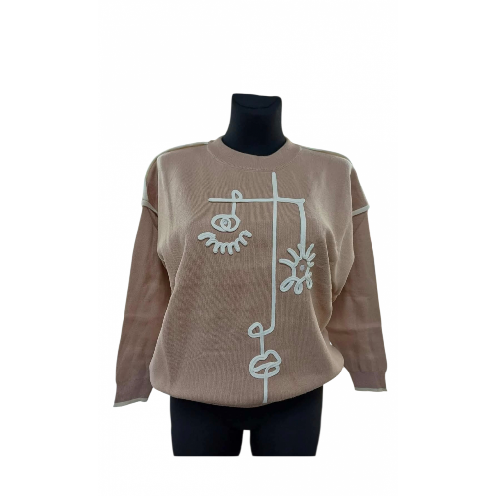 Mπλούζα Πλεκτή Πουλόβερ με Κέντημα -Μπεζ- 