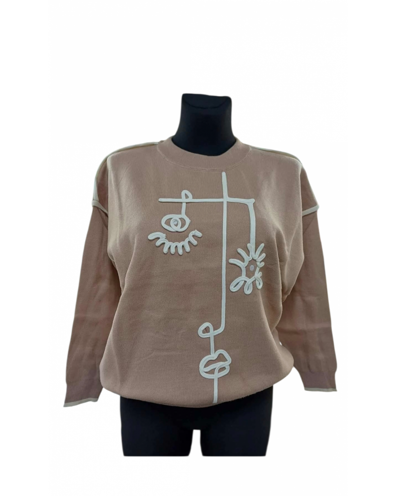 Mπλούζα Πλεκτή Πουλόβερ με Κέντημα -Μπεζ- 