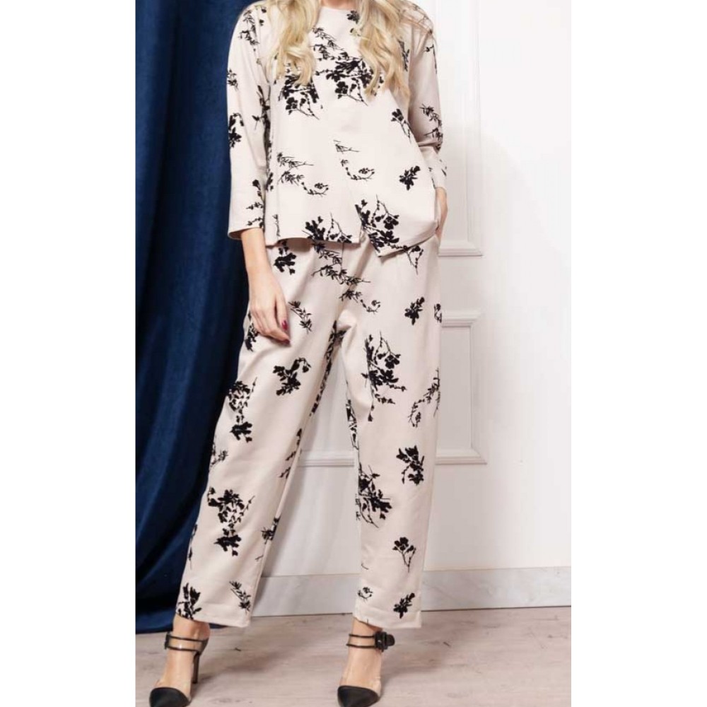 Γυναικείο Σετ με Ανάγλυφα Βελουτέ Flower's -Εκρού-