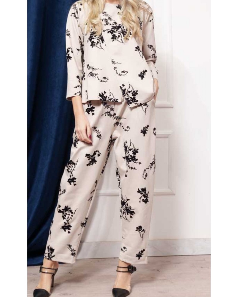 Γυναικείο Σετ με Ανάγλυφα Βελουτέ Flower's -Εκρού-