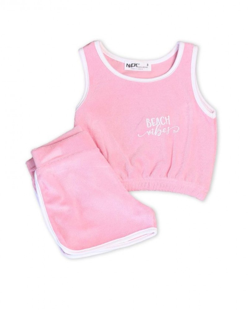 Παιδικό Σετ Πετσετέ, Crop Top Μπλουζάκι και Shorts -Ροζ- 35522