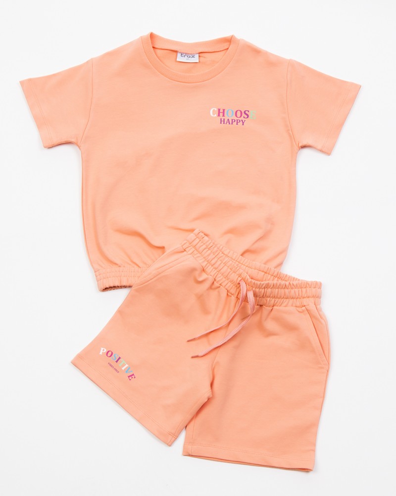 Εφηβικό Σετ, Crop Top Μπλουζάκι και Shorts -Πορτοκαλί-  41121