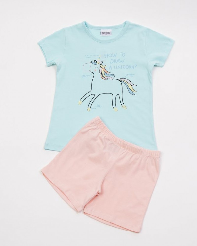 Παιδική Πιτζάμα Κοντομάνικη για κορίτσι “unicorn”, 2 Τεμάχια -Άκουα- 41290