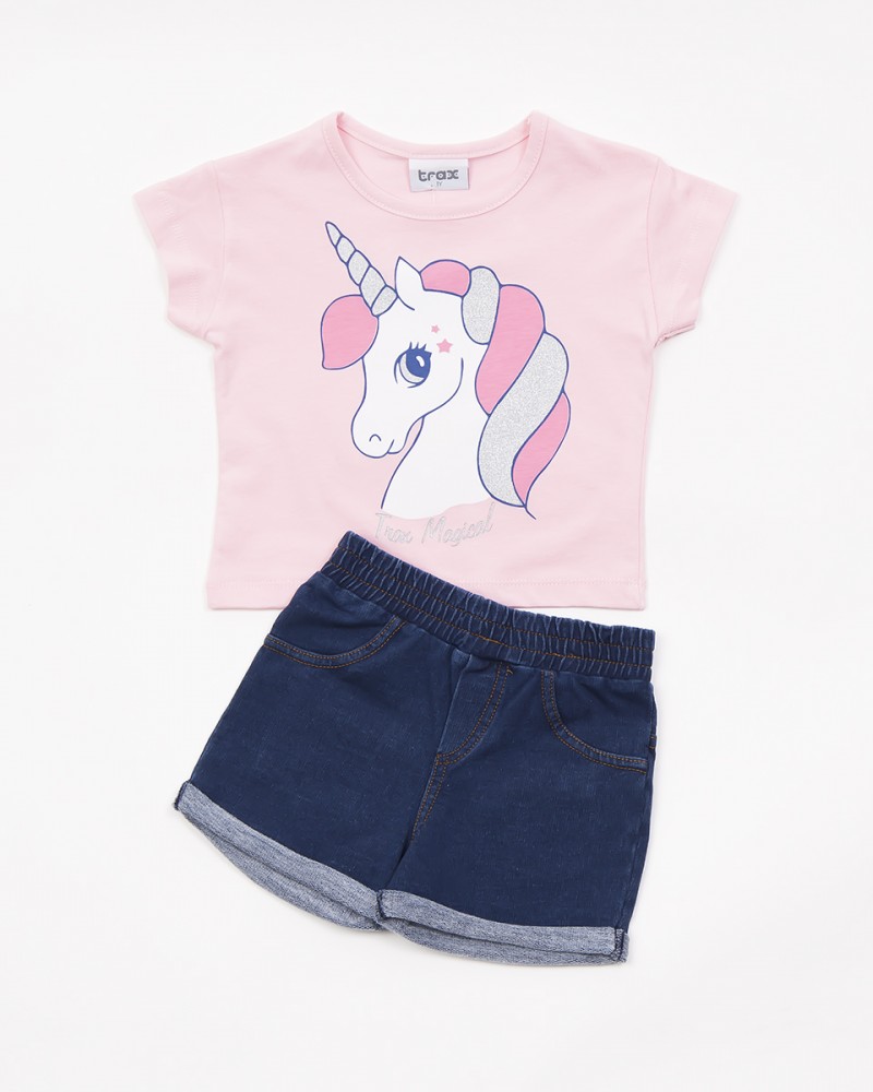 Παιδικό Σετ, Μπλούζα Με Τύπωμα Magical Unicorn Kαι Σορτς Κορίτσι –Κουφετί– 43239