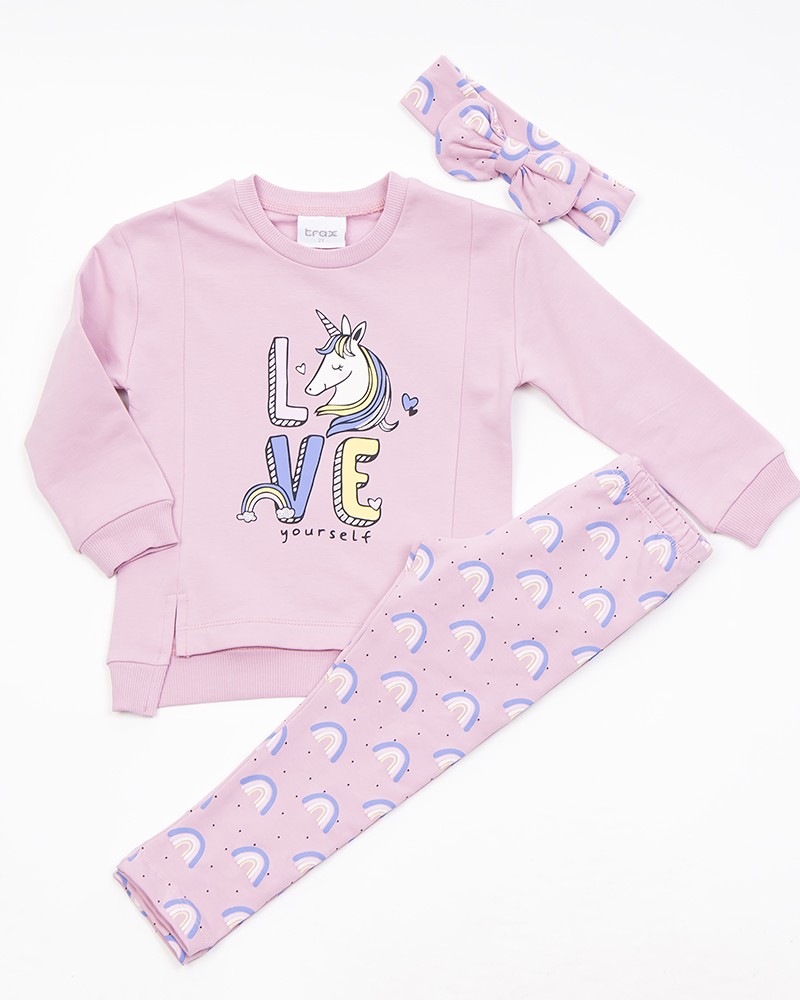 Παιδικό Σετ, Μπλουζοφόρεμα Με Τύπωμα Love Unicorns, Κολάν Και Κορδέλα 3Τμχ Κορίτσι -Candy- 44705