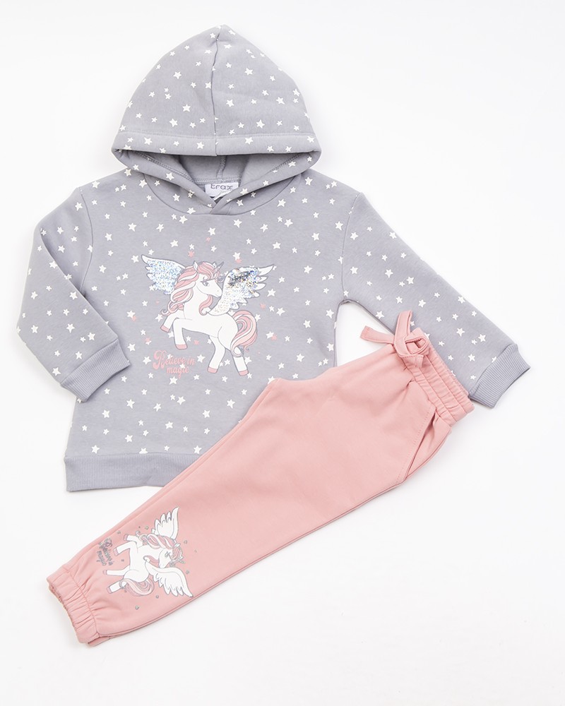 Παιδικό Σετ Φόρμα Με Κουκούλα και Τύπωμα Unicorn Believe in Magic με Παγιέτα Κορίτσι -Γκρι- 44727