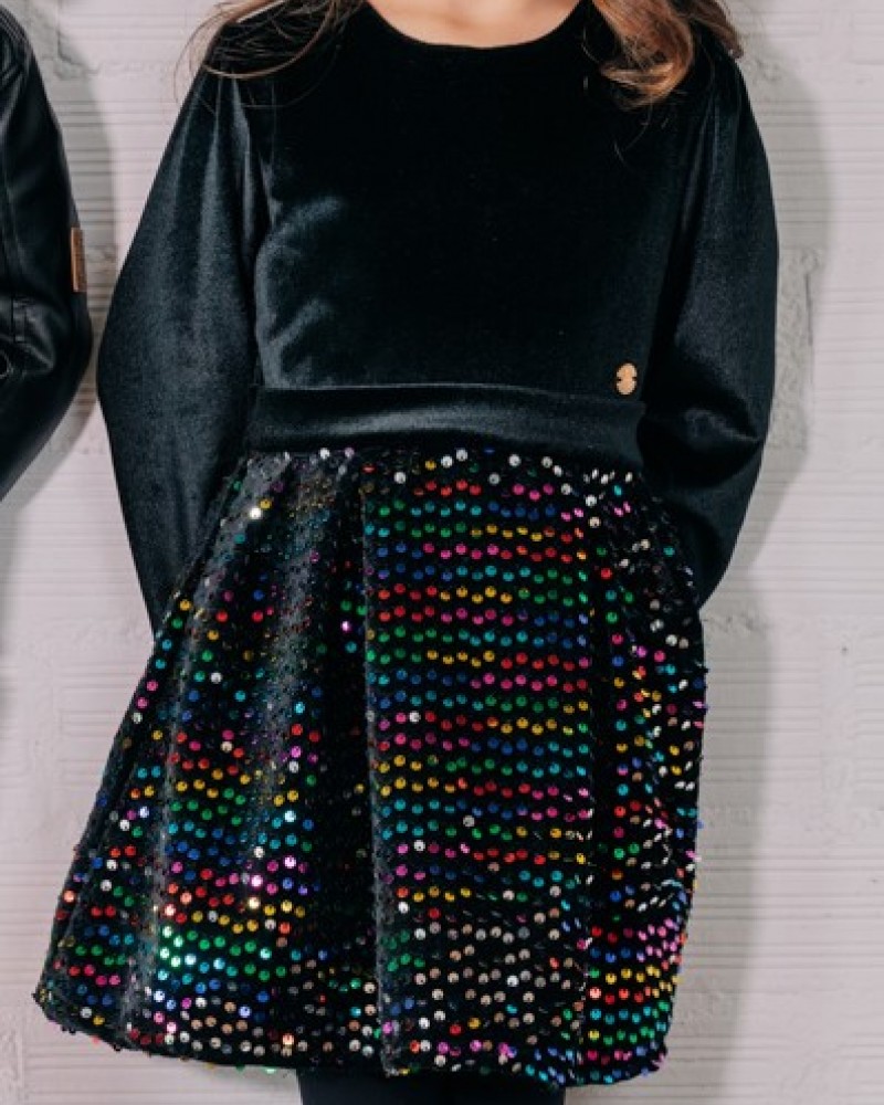Παιδικό Φόρεμα Fashion Από Βελούδο και Πολύχρωμες Παγιέτες Κορίτσι (1-6Ε) -Μαύρο- 45-124367-7