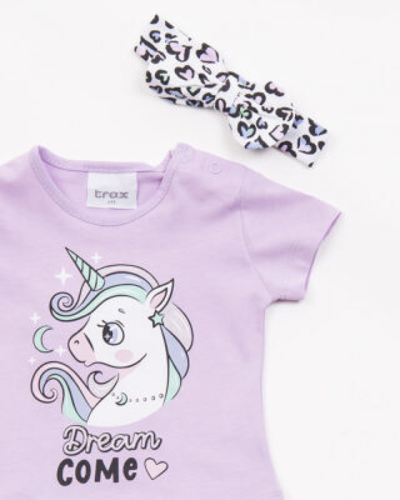 Βρεφικό Μακό Σετ Μπλούζα Unicorn, Σορτς Και Κορδέλα Κορίτσι (6-24μ) –Λιλά– 45018