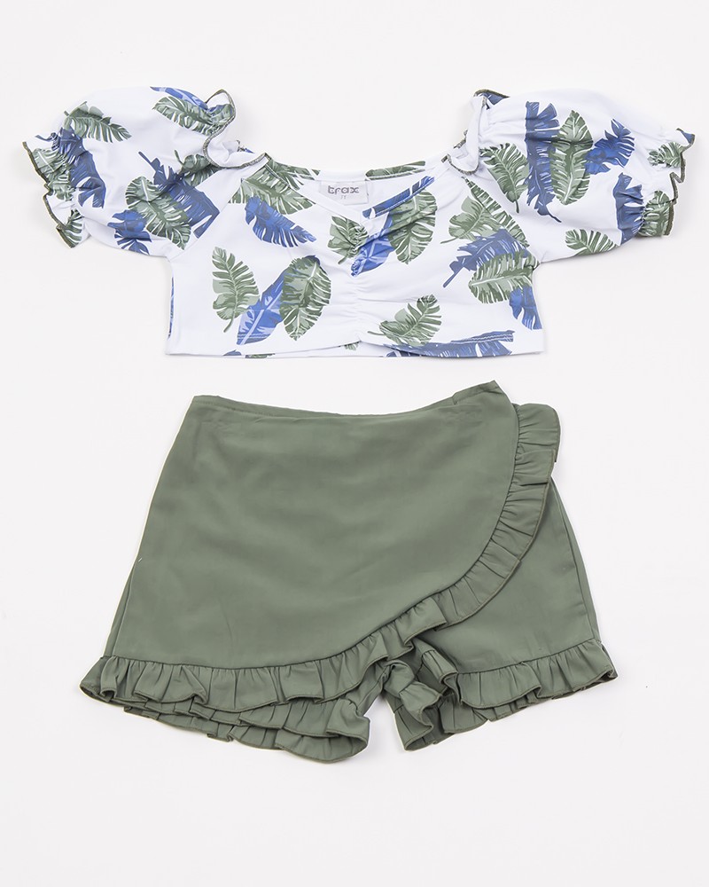 Εφηβικό Σετ 2Τμχ Μπλουζάκι Crop Floral Και Σορτς/Φούστα Φάκελος Κορίτσι (6-16) –Λευκό– 45157