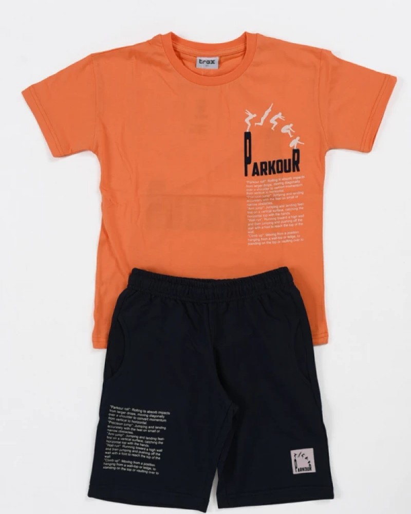Εφηβικό Σετ T-Shirt Μπλούζα ParkouR Με Μακό Βερμούδα Αγόρι –Πορτοκαλί– 45339