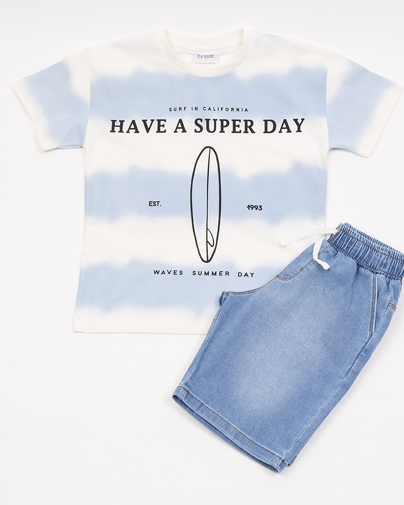 Εφηβικό Σετ T-Shirt Μπλούζα Super Day Με Τζιν Βερμούδα Αγόρι –Εκρού– 45354