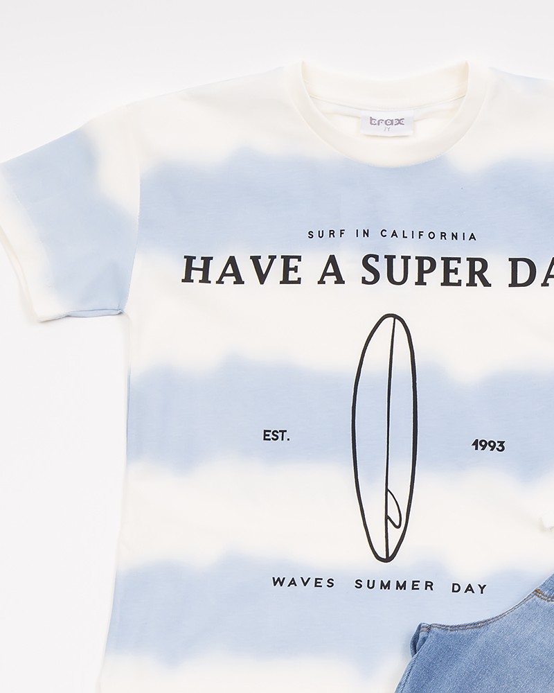 Εφηβικό Σετ T-Shirt Μπλούζα Super Day Με Τζιν Βερμούδα Αγόρι –Εκρού– 45354