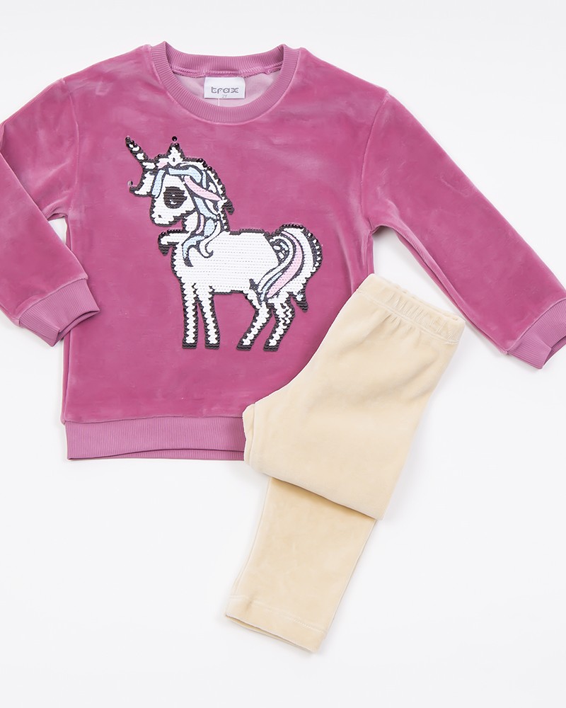 Παιδικό Casual Σετ Βελουτέ με Unicorns από Παγιέτα Κορίτσι (2-6Ε) -Ροζ- 46740