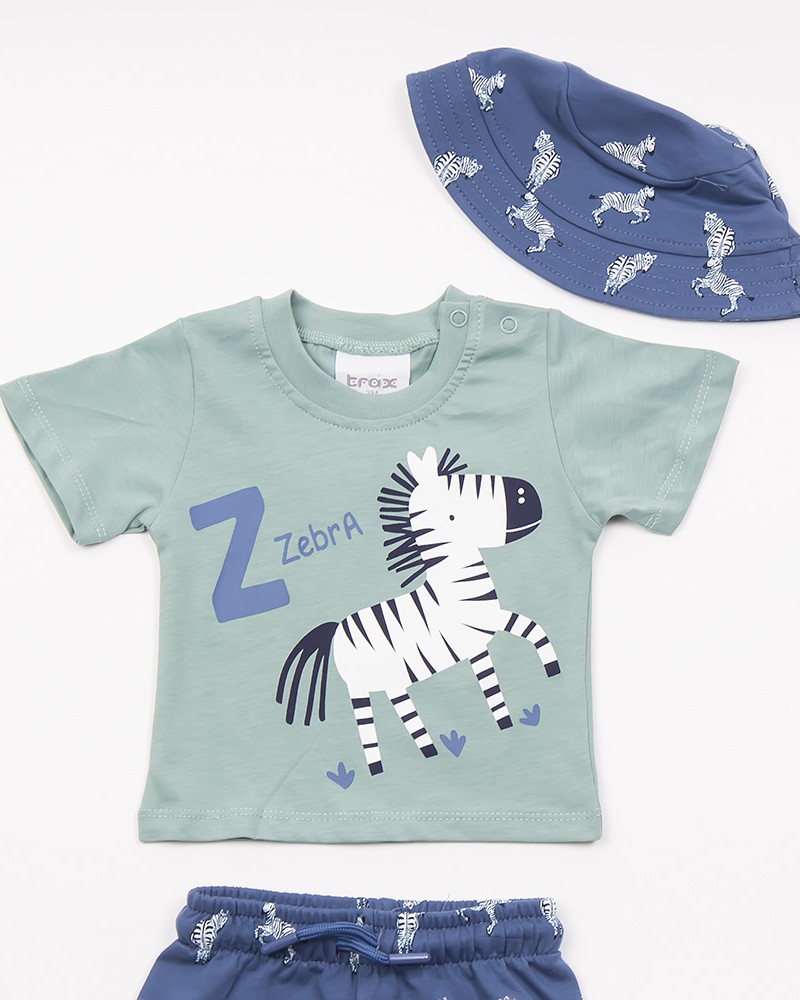 Βρεφικό Σετ 3Τμχ , Μακό Μπλούζα Zebra, Βερμούδα Και Καπέλο για Αγόρι (6-24μ) –Μέντα– 47058