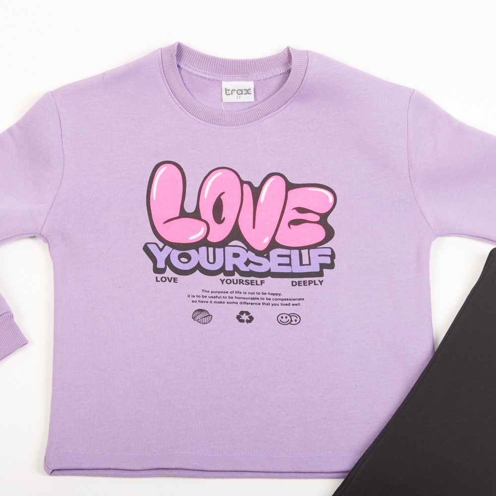 Εφηβικό Σετ Φούτερ με Κολάν και Τύπωμα Love YourSelf για Κορίτσι (6-16) -Μωβ/Μύρτιλο-