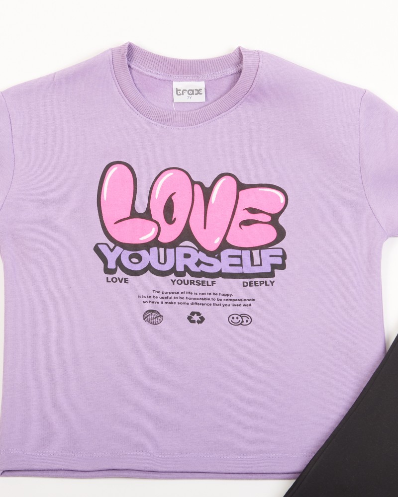Εφηβικό Σετ Φούτερ με Κολάν και Τύπωμα Love YourSelf για Κορίτσι (6-16) -Μωβ/Μύρτιλο-
