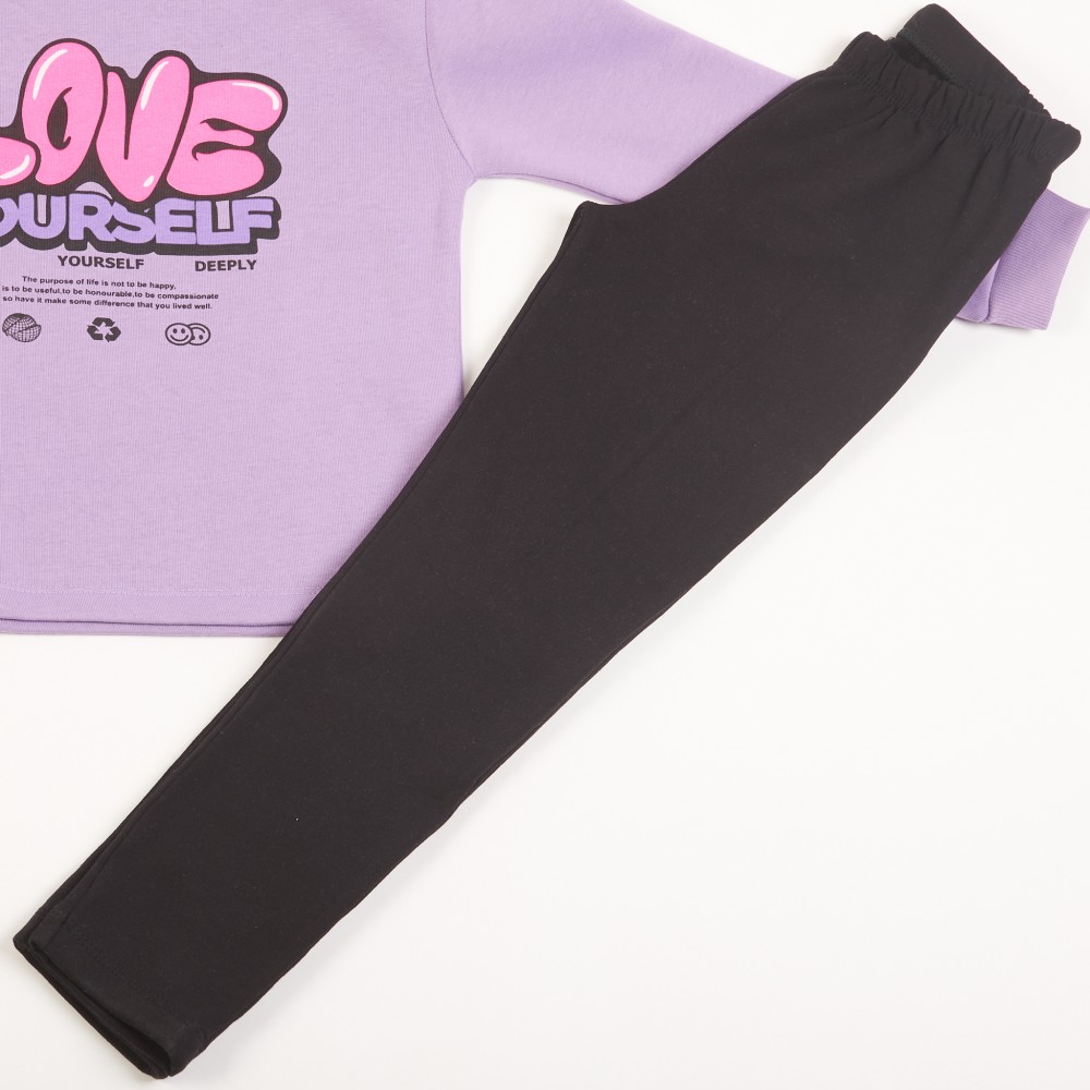 Εφηβικό Σετ Φούτερ με Κολάν και Τύπωμα Love YourSelf για Κορίτσι (6-16) -Μωβ/Μύρτιλο-