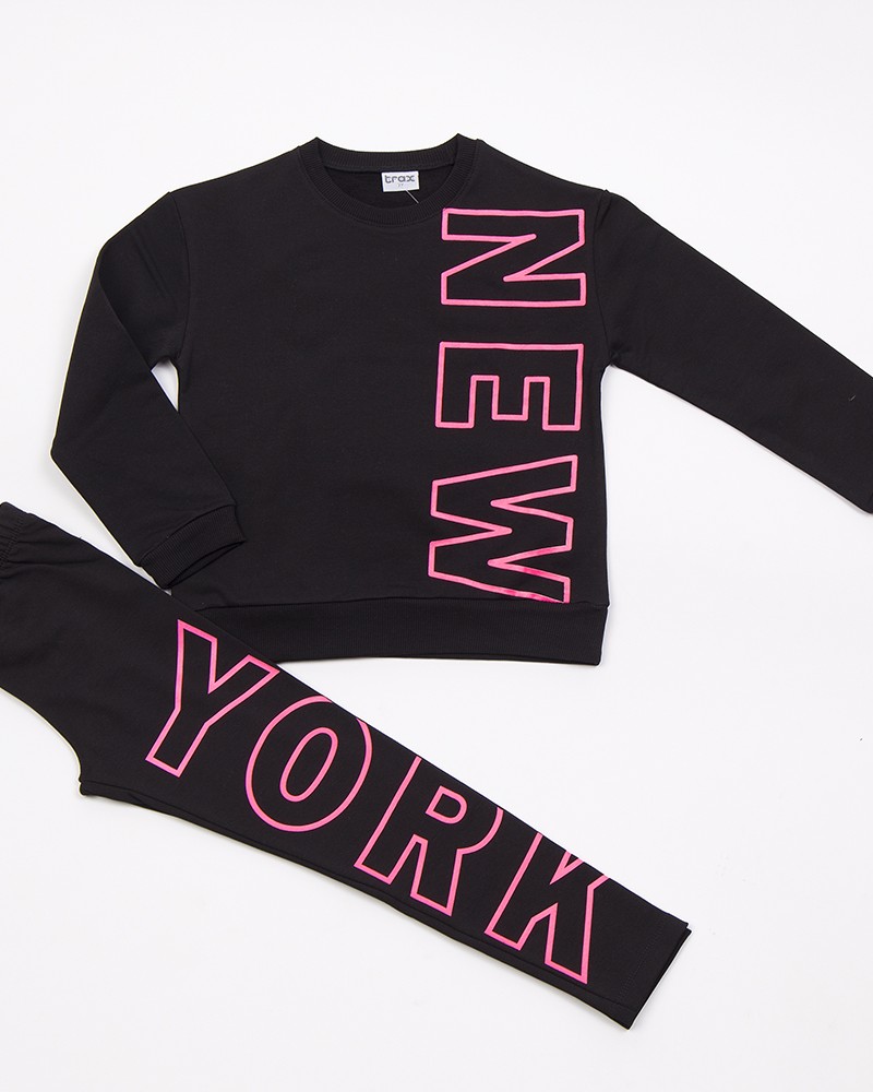 Εφηβικό Σετ Φούτερ με Κολάν και Τύπωμα New York για Κορίτσι (6-16) -Μαύρο-