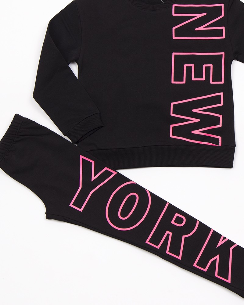 Εφηβικό Σετ Φούτερ με Κολάν και Τύπωμα New York για Κορίτσι (6-16) -Μαύρο-