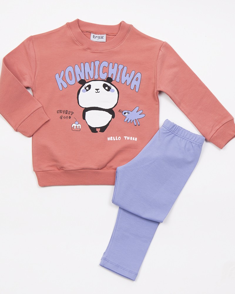 Παιδικό Σετ Φούτερ με Κολάν Εποχής με Τύπωμα Kommichiwa για Κορίτσι (2-6) -Σομόν-