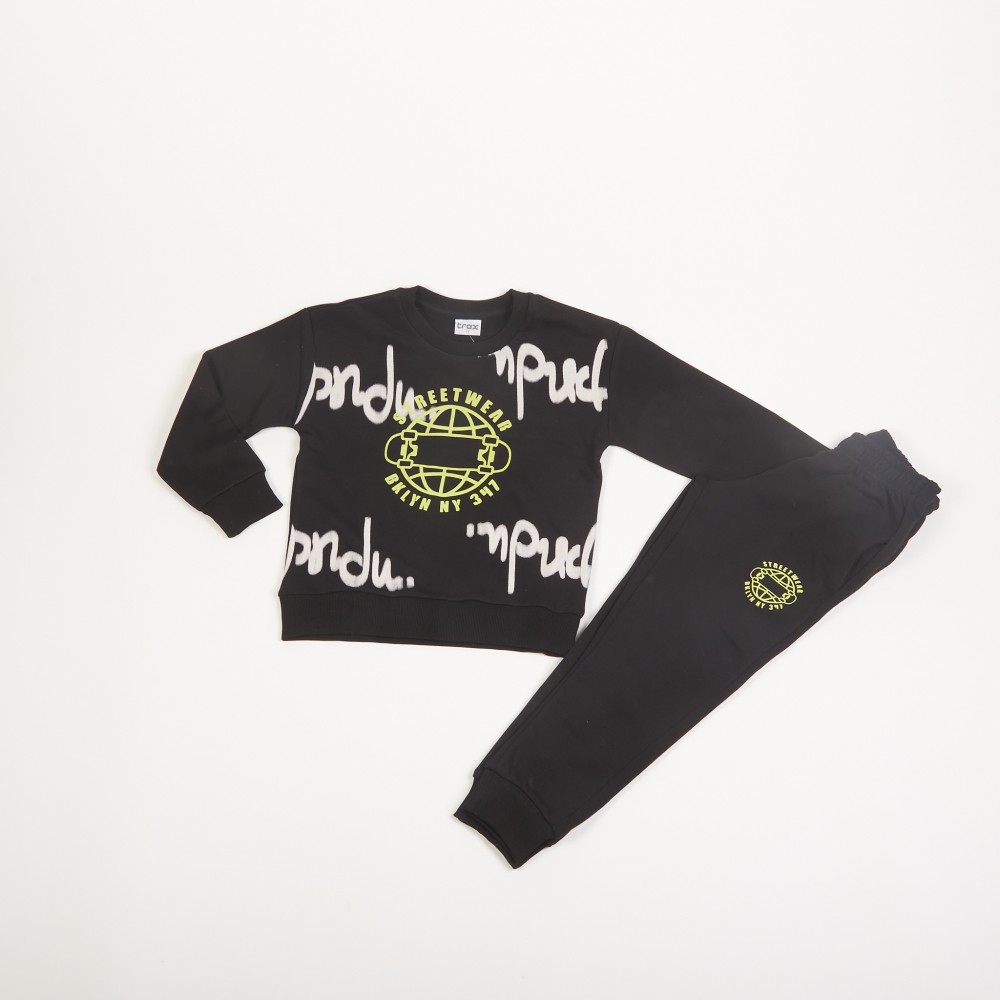 Εφηβικό Σετ Φούτερ Φόρμα Εποχής με Τύπωμα Street Wear για Αγόρι (6-16) -Μαύρο-