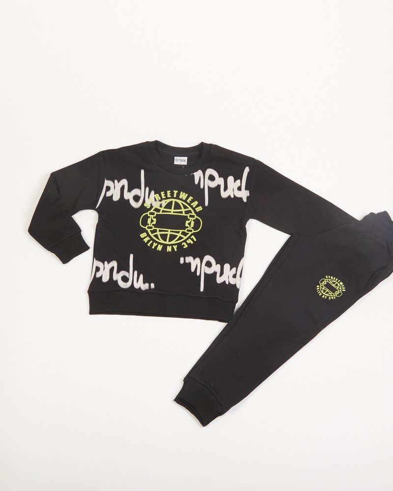 Εφηβικό Σετ Φούτερ Φόρμα Εποχής με Τύπωμα Street Wear για Αγόρι (6-16) -Μαύρο-