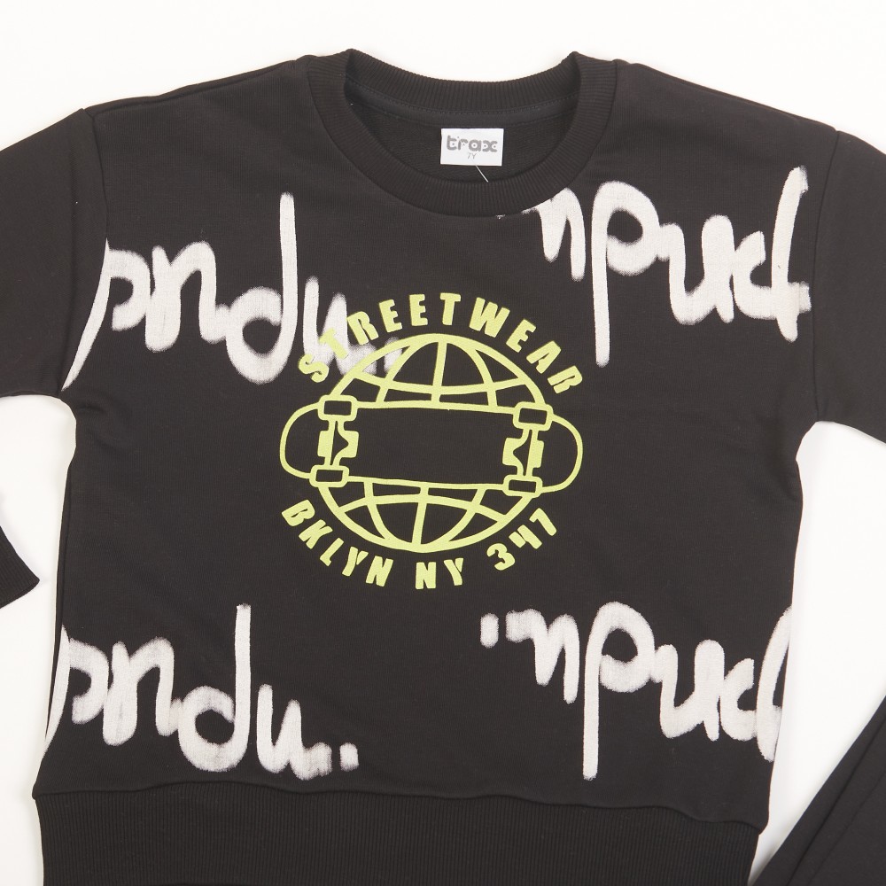 Εφηβικό Σετ Φούτερ Φόρμα Εποχής με Τύπωμα Street Wear για Αγόρι (6-16) -Μαύρο-