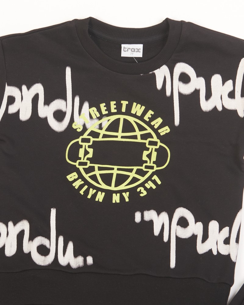 Εφηβικό Σετ Φούτερ Φόρμα Εποχής με Τύπωμα Street Wear για Αγόρι (6-16) -Μαύρο-