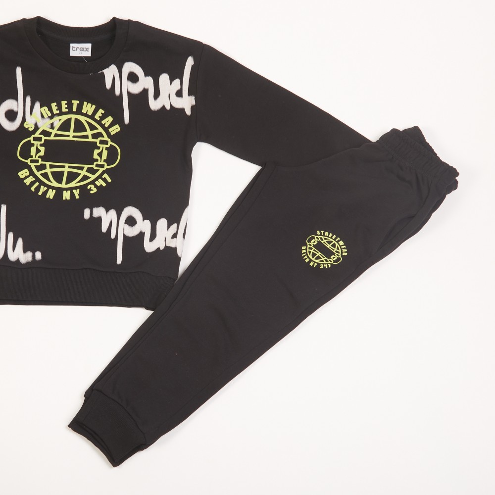 Εφηβικό Σετ Φούτερ Φόρμα Εποχής με Τύπωμα Street Wear για Αγόρι (6-16) -Μαύρο-
