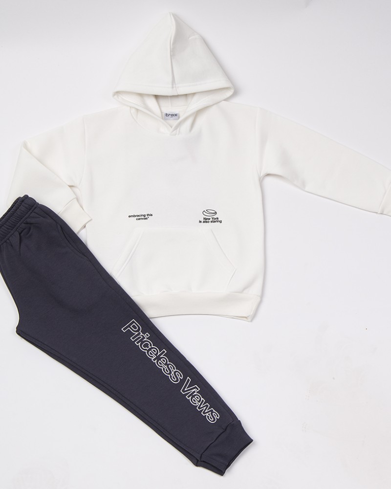 Εφηβικό Σετ Φούτερ Φόρμα με Κουκούλα και Τύπωμα Priceless Views για Αγόρι (6-16) -Εκρού-  Εφηβικό Σετ Φούτερ Φόρμα με Κουκούλα και Τύπωμα Priceless Views για Αγόρι (6-16) -Εκρού-