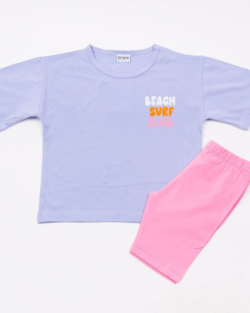 Εφηβικό Σετ με Μπλουζάκι Beach Surf Και Σορτς Ποδηλατικό Κορίτσι (6-16) -Λιλά- 