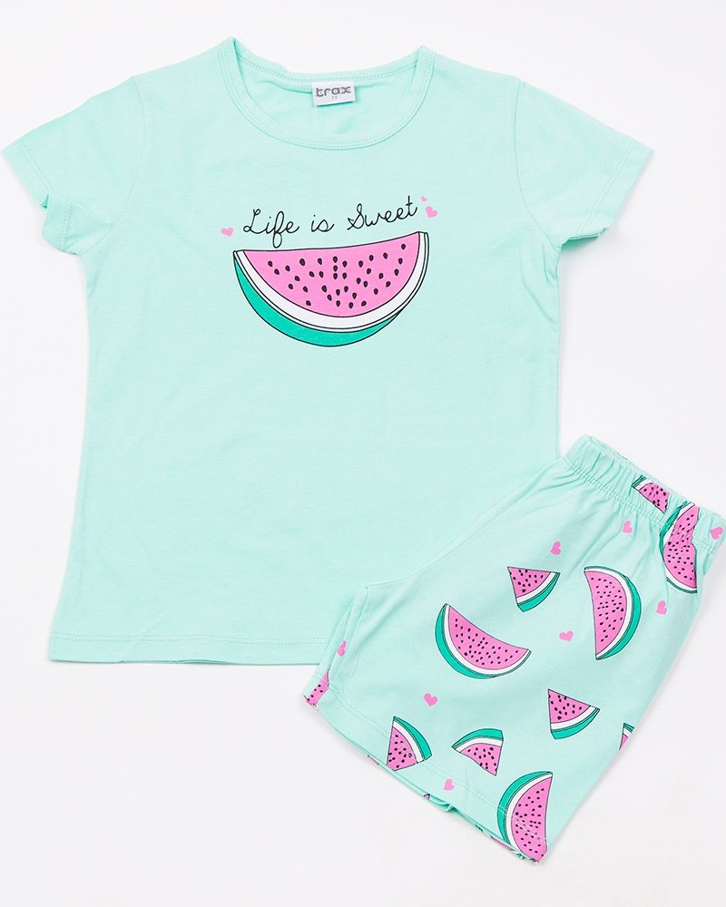 Εφηβική Βαμβακερή Πιτζάμα Με Τύπωμα Καρπούζι Κορίτσι (6-16) -Τυρκουάζ- 