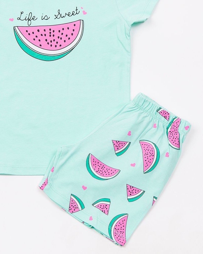Εφηβική Βαμβακερή Πιτζάμα Με Τύπωμα Καρπούζι Κορίτσι (6-16) -Τυρκουάζ- 