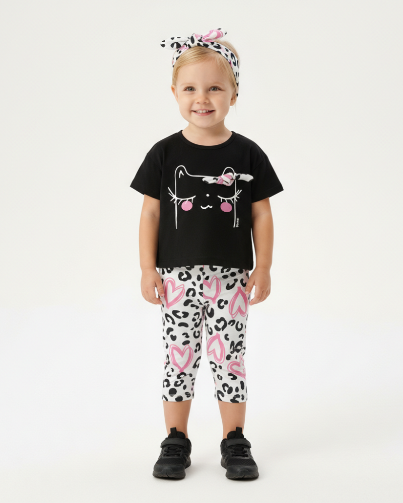 Παιδικό Σετ 3Τμχ με Μπλουζάκι Γατάκι, Κολάν Κάπρι και Κορδέλα Κορίτσι (2-6) -Μαύρο- 