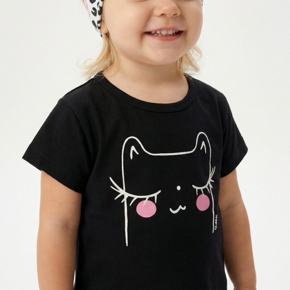 Παιδικό Σετ 3Τμχ με Μπλουζάκι Γατάκι, Κολάν Κάπρι και Κορδέλα Κορίτσι (2-6) -Μαύρο- 49220
