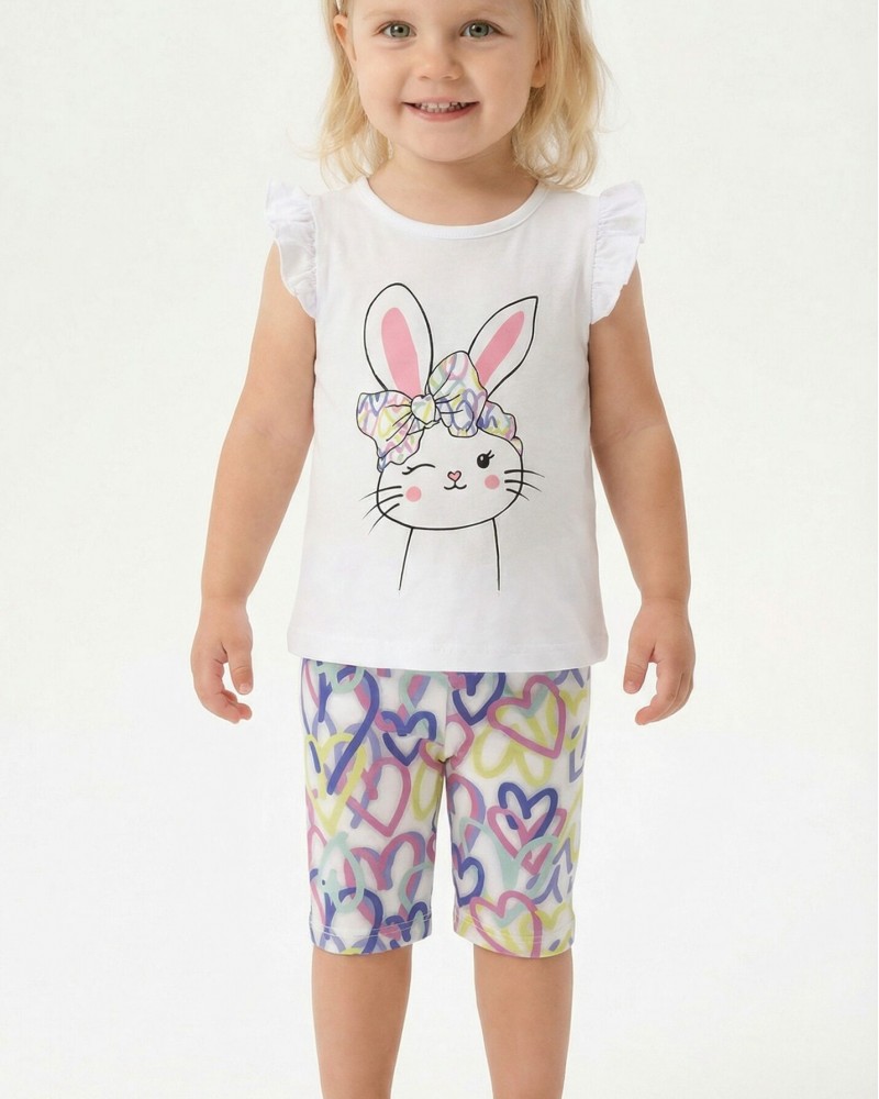 Παιδικό Σετ 3Τμχ με Μπλουζάκι Κουνελάκι, Κολάν Ποδηλατικό και Κορδέλα Κορίτσι (2-6) -Λευκό- 