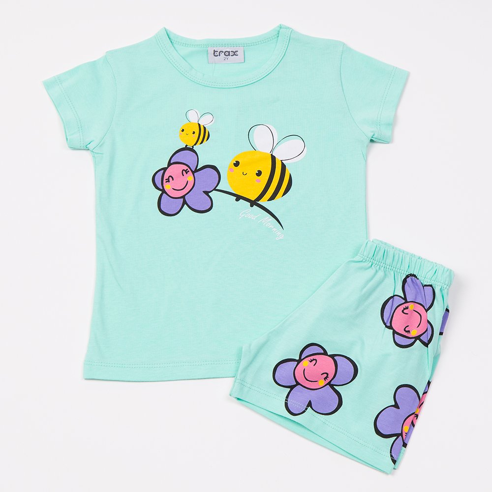 Παιδική Βαμβακερή Πιζάμα με Τύπωμα Μελισσούλες για Κορίτσι (2-6) -Τυρκουάζ- 49292
