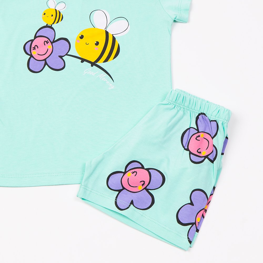 Παιδική Βαμβακερή Πιζάμα με Τύπωμα Μελισσούλες για Κορίτσι (2-6) -Τυρκουάζ- 49292