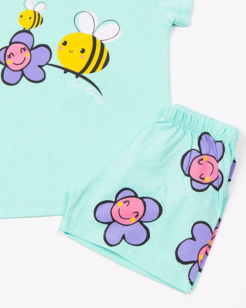 Παιδική Βαμβακερή Πιζάμα με Τύπωμα Μελισσούλες για Κορίτσι (2-6) -Τυρκουάζ- 