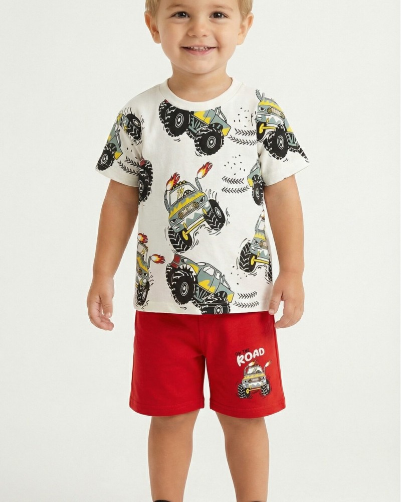 Παιδικό Σετ Μακό με Μπλούζα Αυτοκίνητα 4χ4 και Βερμούδα Αγόρι (2-6) –Εκρού– 
