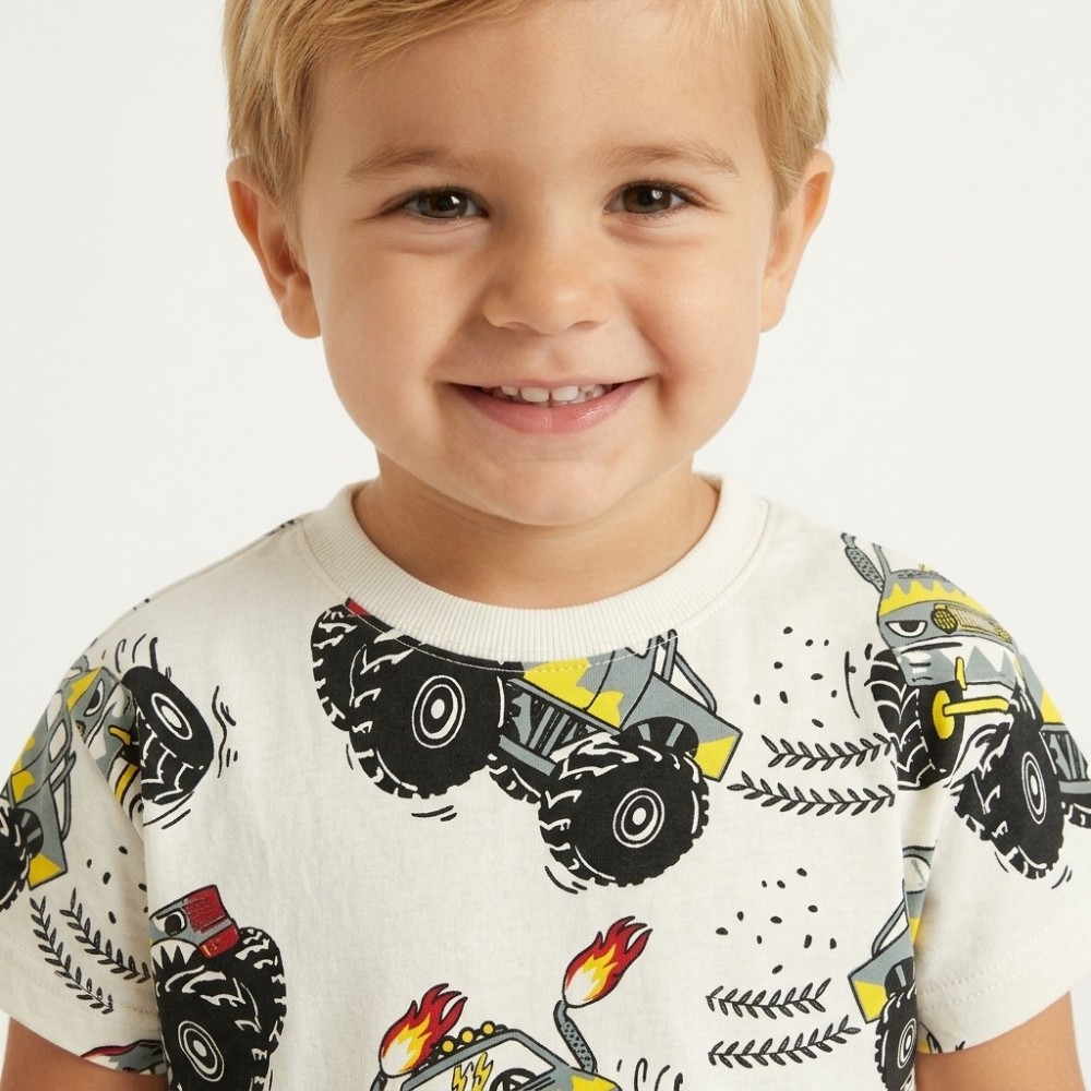 Παιδικό Σετ Μακό με Μπλούζα Αυτοκίνητα 4χ4 και Βερμούδα Αγόρι (2-6) –Εκρού– 49423