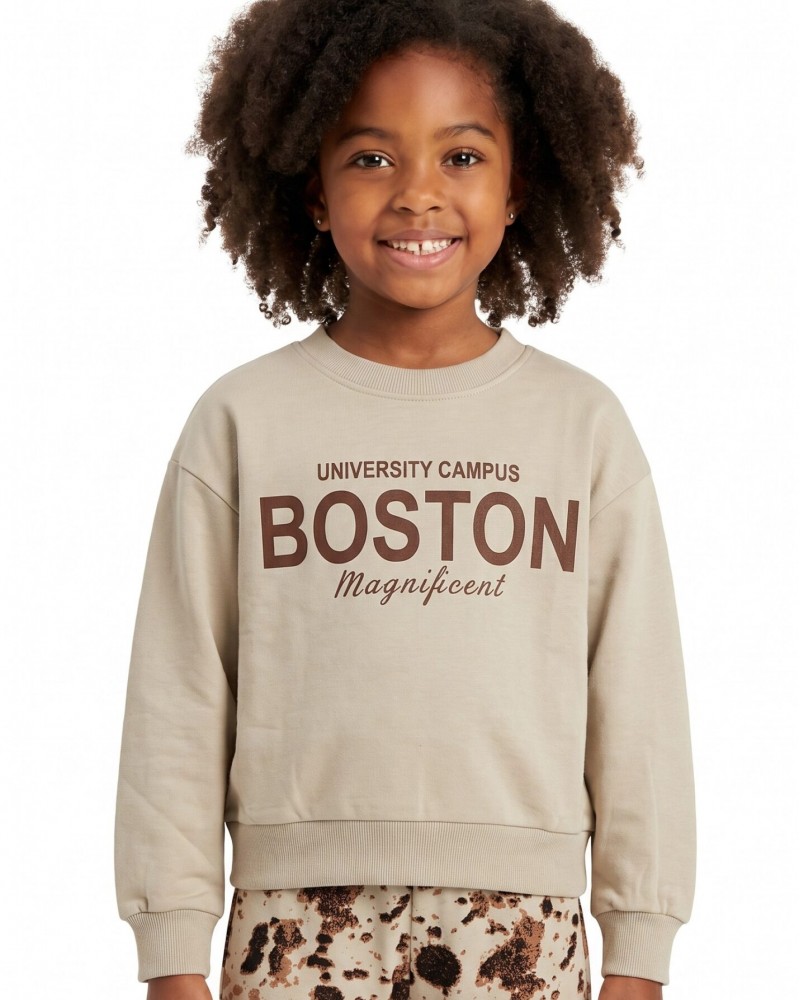 Εφηβικό Σετ Φούτερ Φόρμα με Τύπωμα Boston για Κορίτσι (6-16) -Λάτε/Latte- 