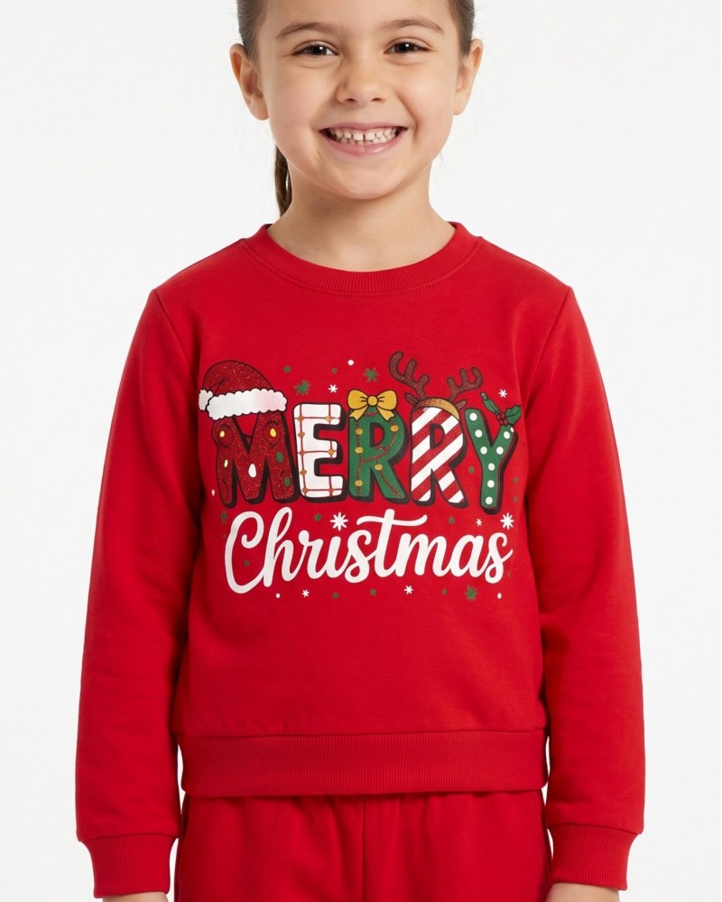 Εφηβική Βαμβακερή Πιτζάμα Με Τύπωμα Merry Christmas Κορίτσι (8-16) -Κόκκινο- 